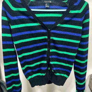 Forever 21 Women's Striped Sweater - Black, Green, and Blue Large